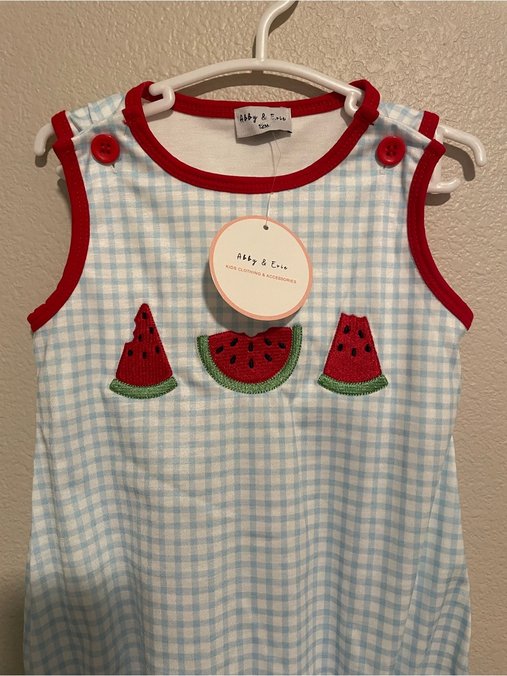 Abby & Evie Watermelon Gingham Sleeveless Dress - Red Trim